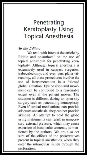 Penetrating keratoplasty using topical anesthesia