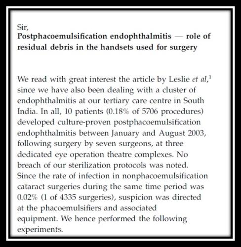 Phacoemulsification endophthalmitis role of residual debris in handsets used for surgery