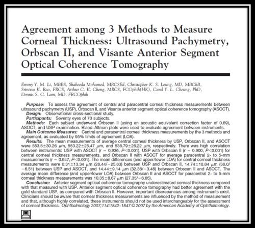 Agreement among 3 methods to measure corneal thickness ultrasound pachy orbscan II visante anterior segment OCT