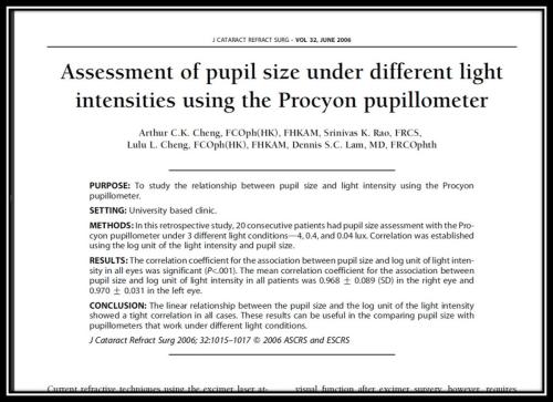 Assessment of pupil size under different light intensities using the procyon pupillometer