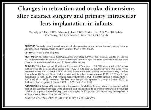 Changes in refraction and ocular dimensions after cataract surgery and primary iol implantation in infants